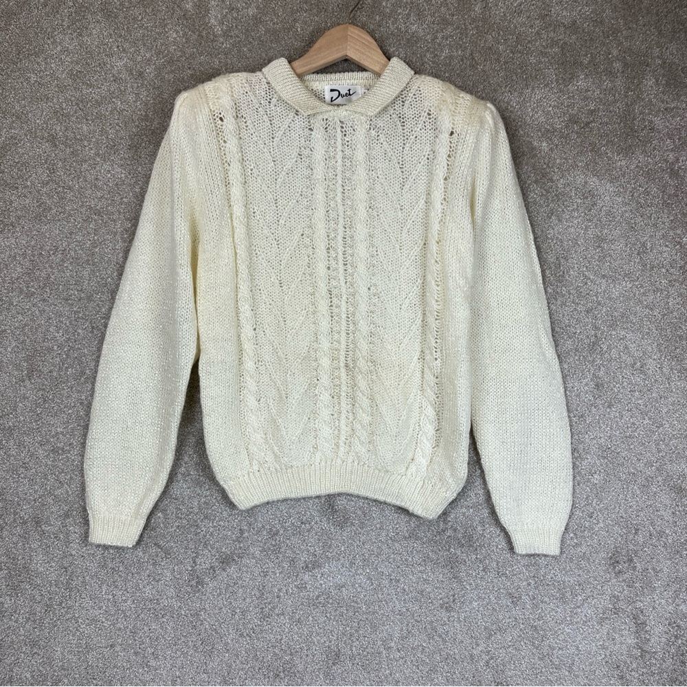 Duet Vintage Sweater Womens Small Cream Pullover Collared Beaded 80s NEW- 1217*